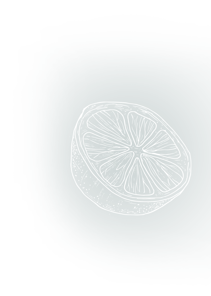 A white outline illustration of a lemon slice on a dark teal background with rough, textured edges.